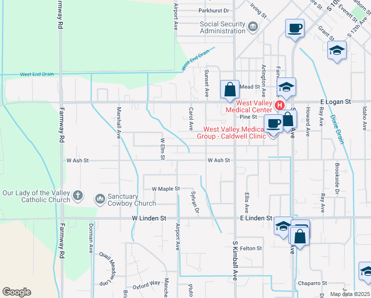 map of restaurants, bars, coffee shops, grocery stores, and more near 405 West Hazel Street in Caldwell