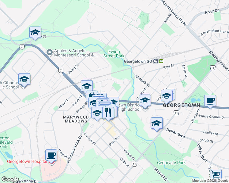 map of restaurants, bars, coffee shops, grocery stores, and more near 3 Dayfoot Drive in Halton Hills