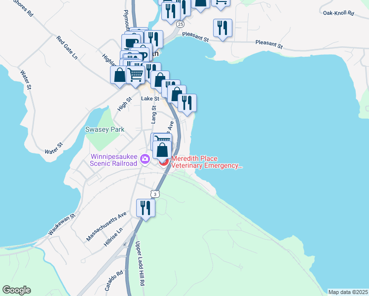 map of restaurants, bars, coffee shops, grocery stores, and more near 10 Lake Shore Drive in Meredith