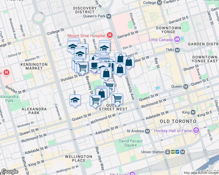 map of restaurants, bars, coffee shops, grocery stores, and more near 53 McCaul Street in Toronto