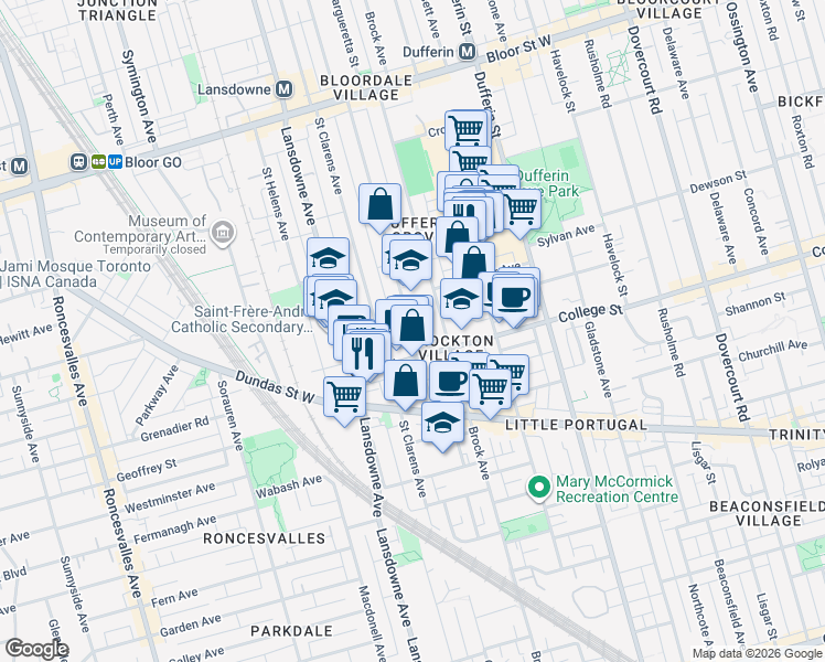 map of restaurants, bars, coffee shops, grocery stores, and more near 61 Margueretta Street in Toronto