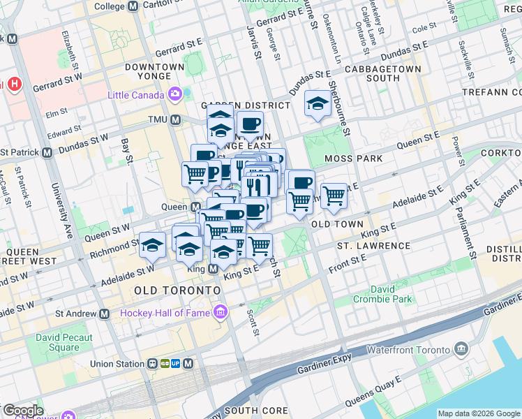 map of restaurants, bars, coffee shops, grocery stores, and more near 65 Queen Street East in Toronto