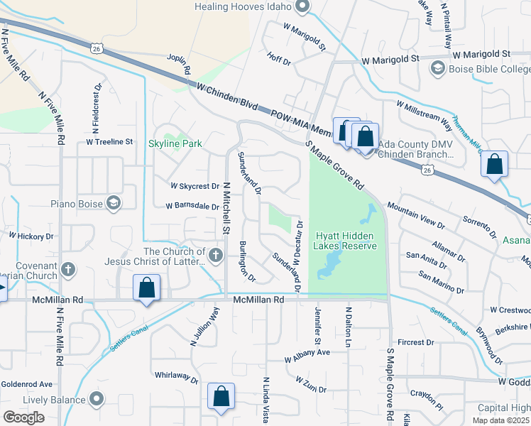 map of restaurants, bars, coffee shops, grocery stores, and more near 5235 Sunderland Drive in Boise