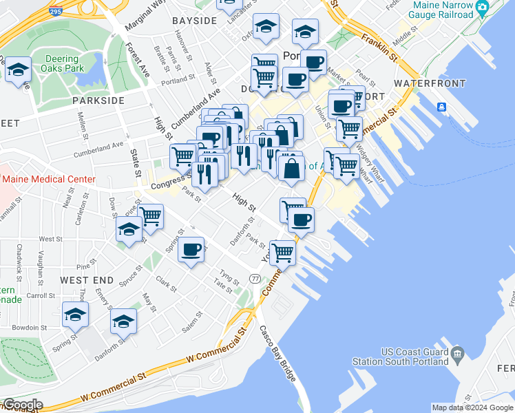 map of restaurants, bars, coffee shops, grocery stores, and more near 88 Pleasant Street in Portland