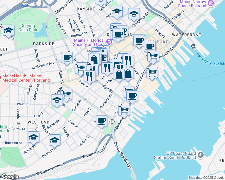 map of restaurants, bars, coffee shops, grocery stores, and more near 88 Pleasant Street in Portland