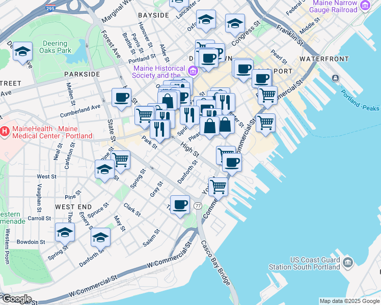 map of restaurants, bars, coffee shops, grocery stores, and more near 88 Pleasant Street in Portland