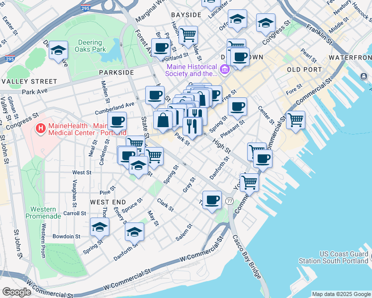 map of restaurants, bars, coffee shops, grocery stores, and more near 1 Spring Street Place in Portland