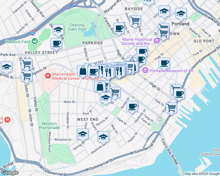 map of restaurants, bars, coffee shops, grocery stores, and more near 684a Congress Street in Portland