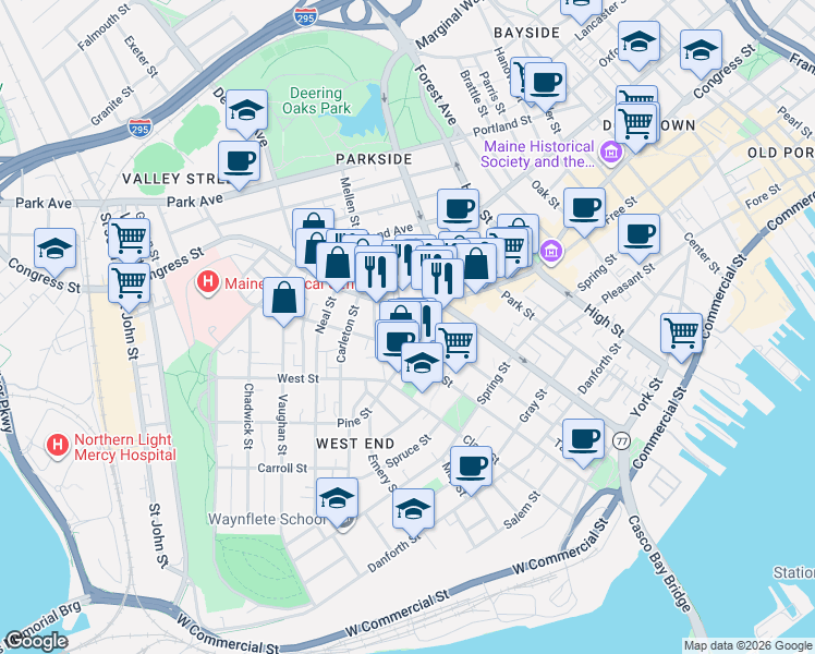map of restaurants, bars, coffee shops, grocery stores, and more near 714 Congress Street in Portland