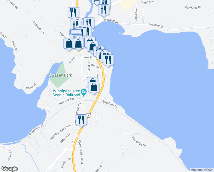 map of restaurants, bars, coffee shops, grocery stores, and more near 10 Lake Shore Drive in Meredith