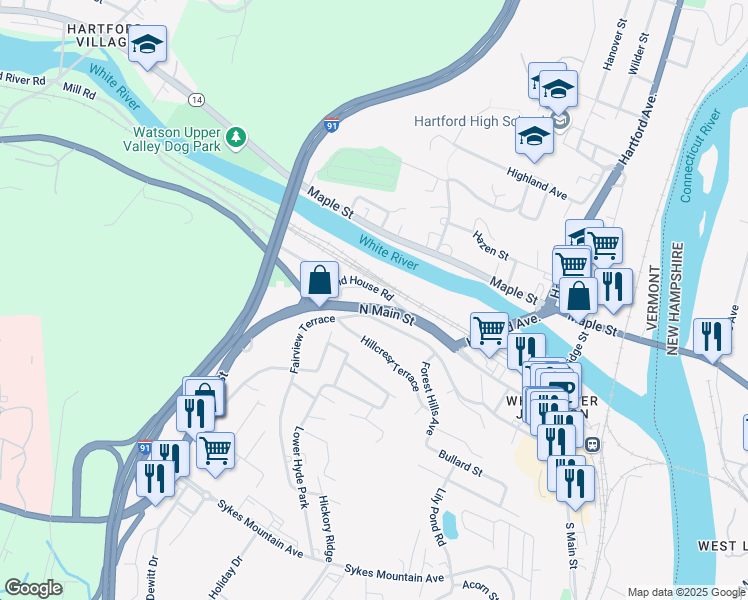 map of restaurants, bars, coffee shops, grocery stores, and more near 103 Lantern Lane in Hartford