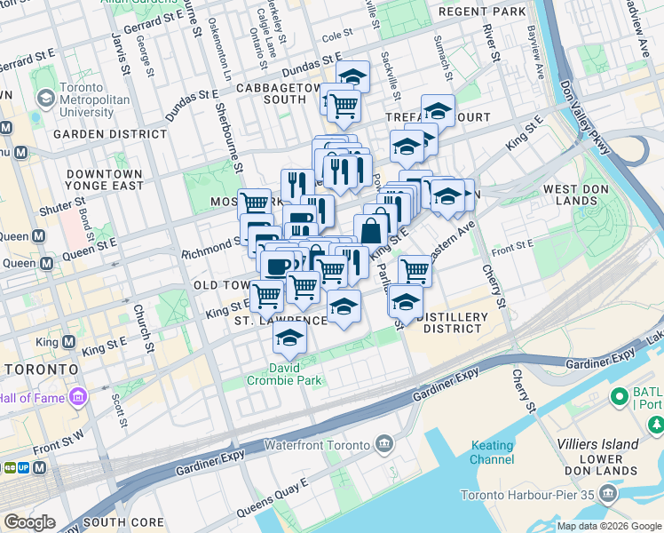 map of restaurants, bars, coffee shops, grocery stores, and more near in Toronto
