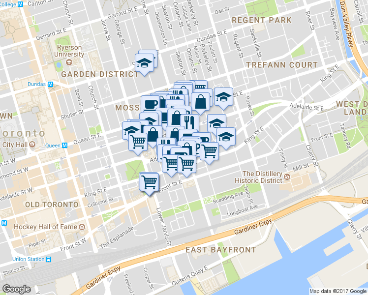 map of restaurants, bars, coffee shops, grocery stores, and more near in Toronto
