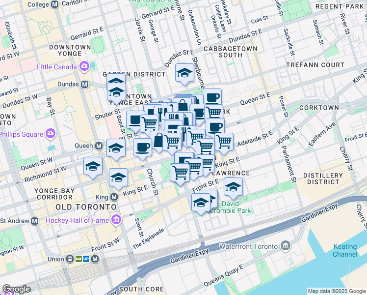 map of restaurants, bars, coffee shops, grocery stores, and more near in Toronto