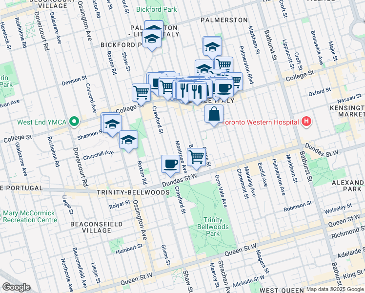 map of restaurants, bars, coffee shops, grocery stores, and more near in Toronto