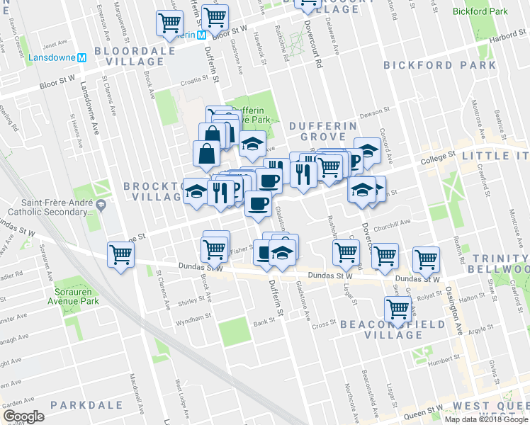 map of restaurants, bars, coffee shops, grocery stores, and more near in Toronto