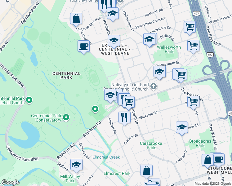 map of restaurants, bars, coffee shops, grocery stores, and more near in Toronto
