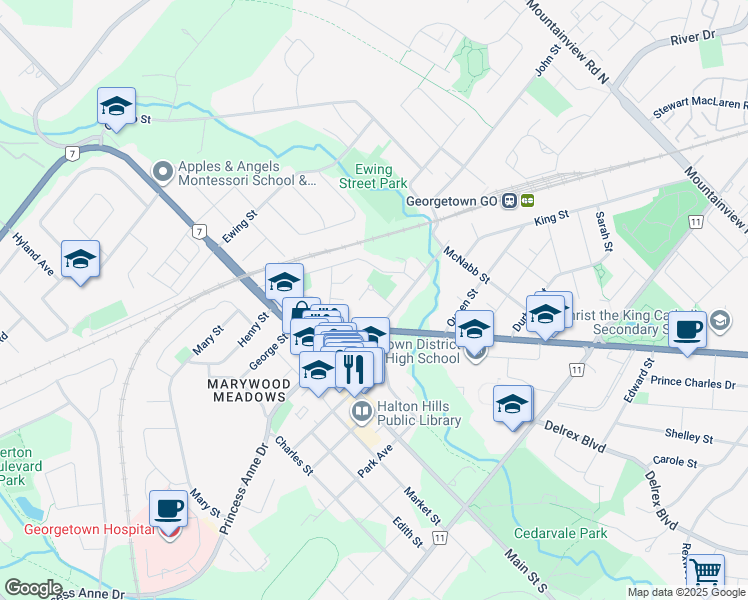map of restaurants, bars, coffee shops, grocery stores, and more near 3 Dayfoot Drive in Halton Hills