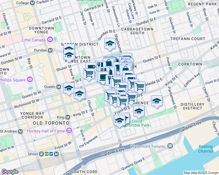 map of restaurants, bars, coffee shops, grocery stores, and more near 116 George Street in Toronto