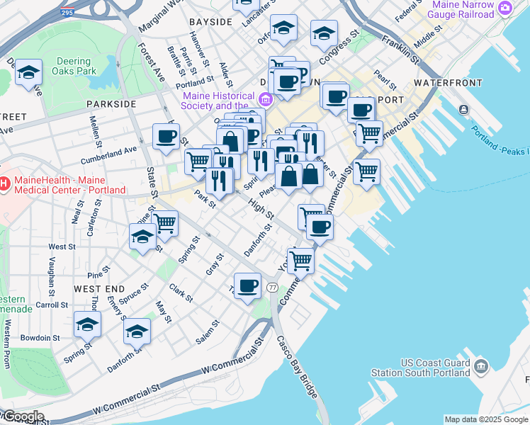 map of restaurants, bars, coffee shops, grocery stores, and more near 68 High Street in Portland