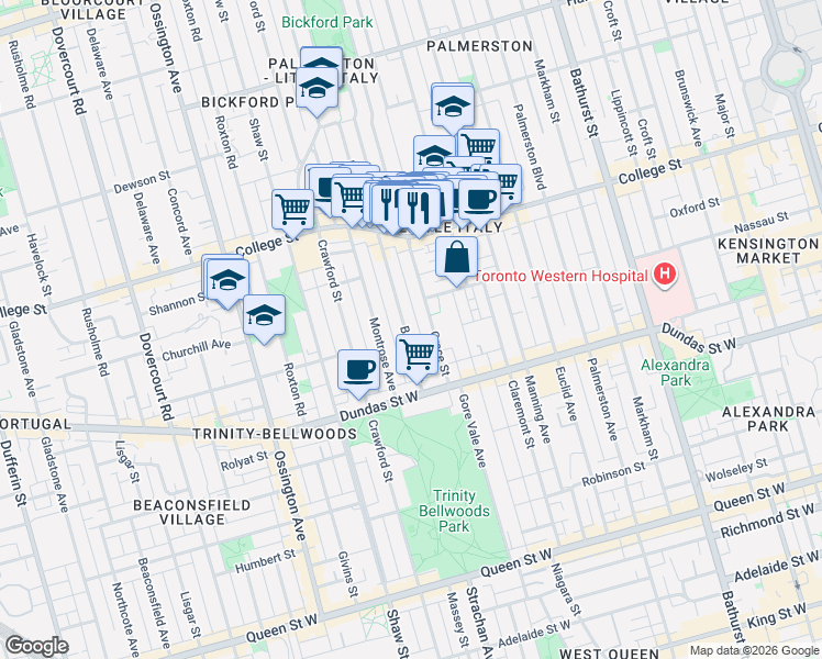 map of restaurants, bars, coffee shops, grocery stores, and more near 57 Beatrice Street in Toronto