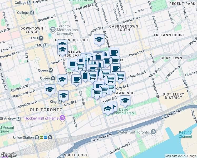 map of restaurants, bars, coffee shops, grocery stores, and more near 116 George Street in Toronto