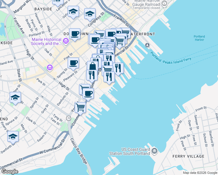 map of restaurants, bars, coffee shops, grocery stores, and more near 63 Union Wharf in Portland