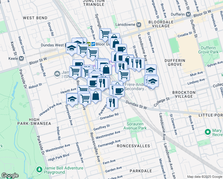 map of restaurants, bars, coffee shops, grocery stores, and more near 9 Morrow Avenue in Toronto
