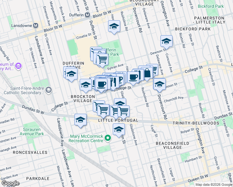 map of restaurants, bars, coffee shops, grocery stores, and more near 32 Macklem Avenue in Toronto