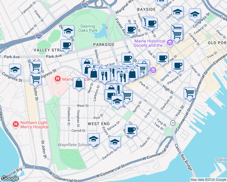 map of restaurants, bars, coffee shops, grocery stores, and more near 714 Congress Street in Portland