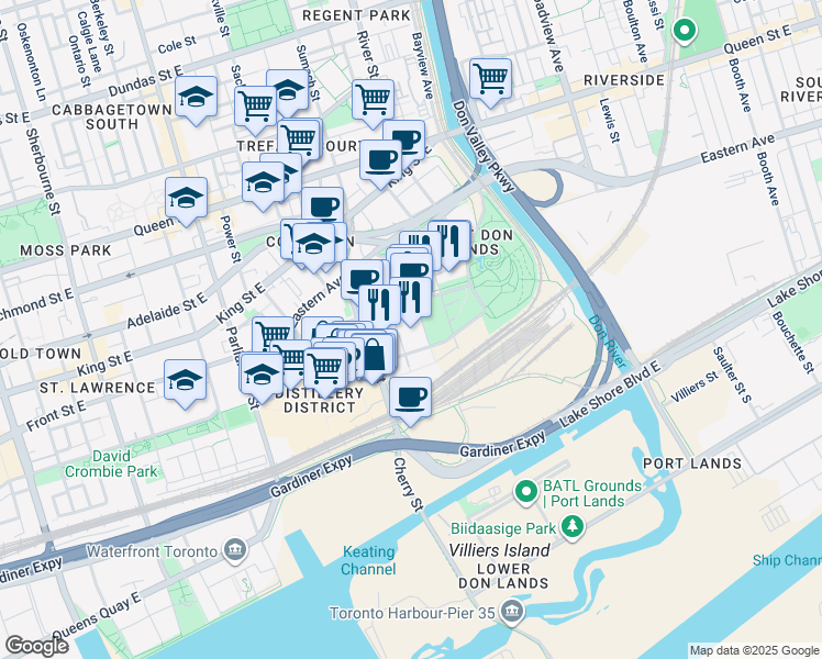 map of restaurants, bars, coffee shops, grocery stores, and more near 455 Front Street East in Toronto