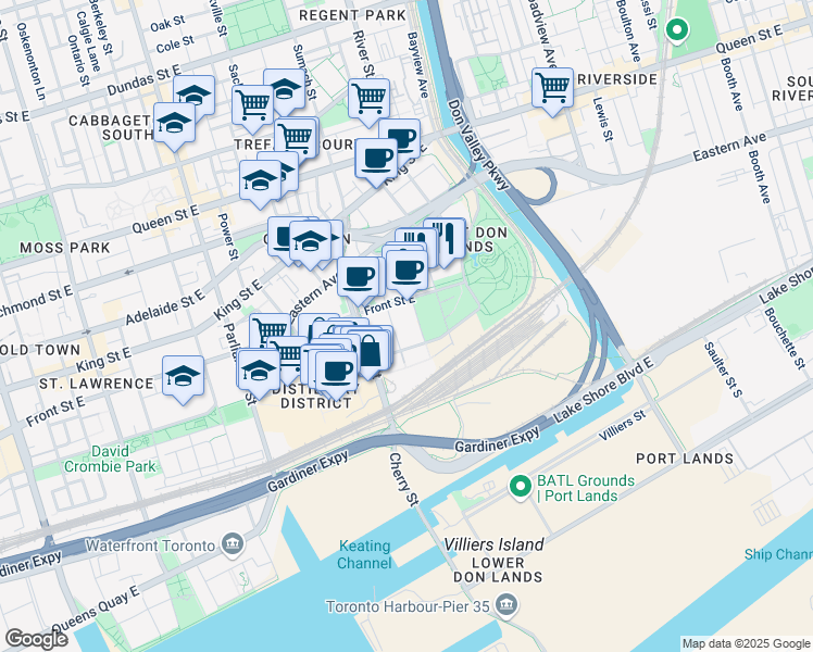 map of restaurants, bars, coffee shops, grocery stores, and more near 455 Front Street East in Toronto