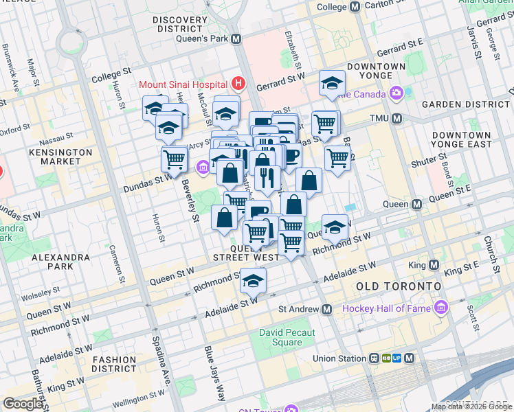 map of restaurants, bars, coffee shops, grocery stores, and more near 210 Simcoe Street in Toronto