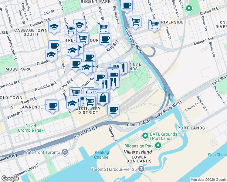 map of restaurants, bars, coffee shops, grocery stores, and more near in Toronto
