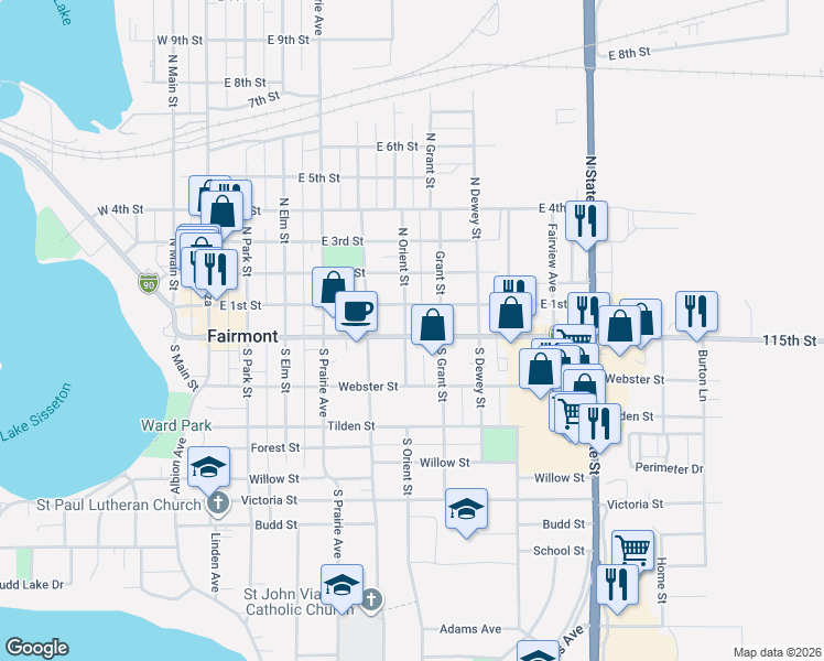 map of restaurants, bars, coffee shops, grocery stores, and more near 322 East 1st Street in Fairmont