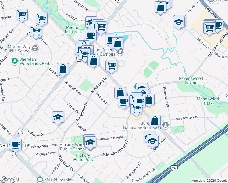 map of restaurants, bars, coffee shops, grocery stores, and more near 7820 McLaughlin Road in Brampton
