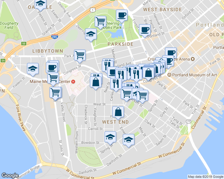 map of restaurants, bars, coffee shops, grocery stores, and more near 259 Brackett Street in Portland