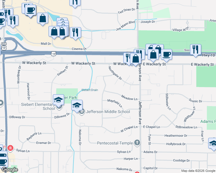 map of restaurants, bars, coffee shops, grocery stores, and more near 6013 Foxboro Court in Midland