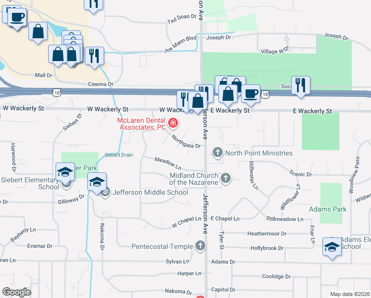 map of restaurants, bars, coffee shops, grocery stores, and more near 200 Northgate Drive in Midland