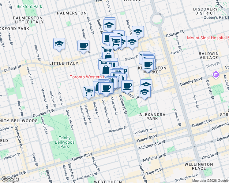 map of restaurants, bars, coffee shops, grocery stores, and more near 756 Dundas Street West in Toronto