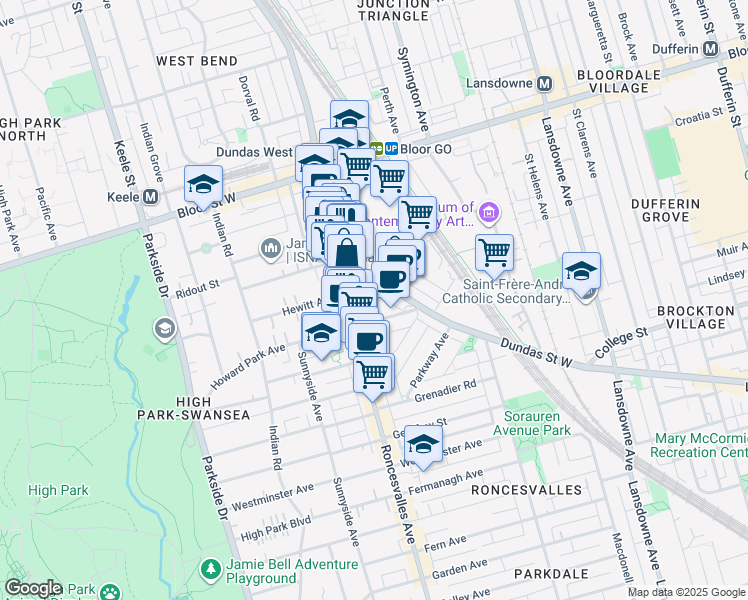 map of restaurants, bars, coffee shops, grocery stores, and more near 25 Ritchie Avenue in Toronto
