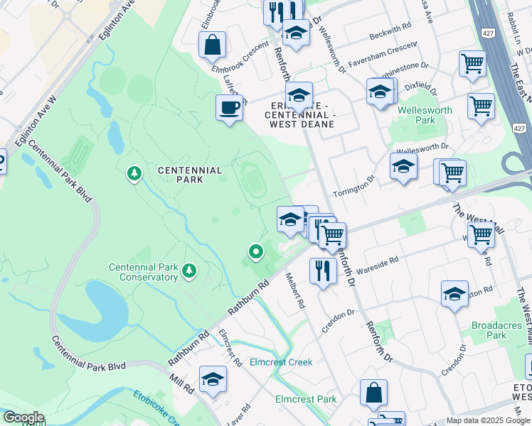 map of restaurants, bars, coffee shops, grocery stores, and more near 56 Centennial Park Road in Toronto