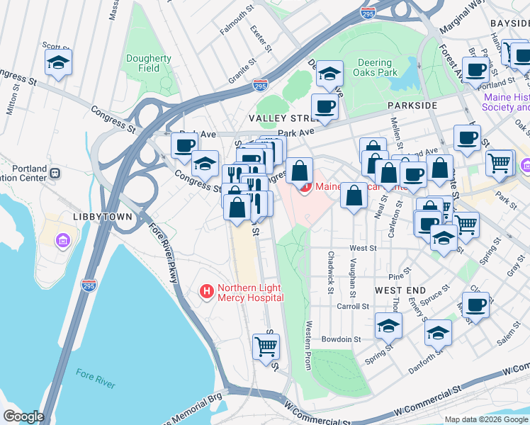map of restaurants, bars, coffee shops, grocery stores, and more near 44 Gilman Street in Portland