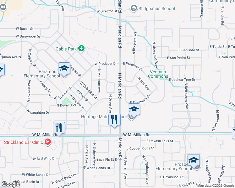 map of restaurants, bars, coffee shops, grocery stores, and more near 5304 North Borgnine Avenue in Meridian