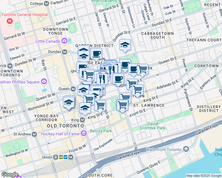 map of restaurants, bars, coffee shops, grocery stores, and more near 111 Queen Street East in Toronto