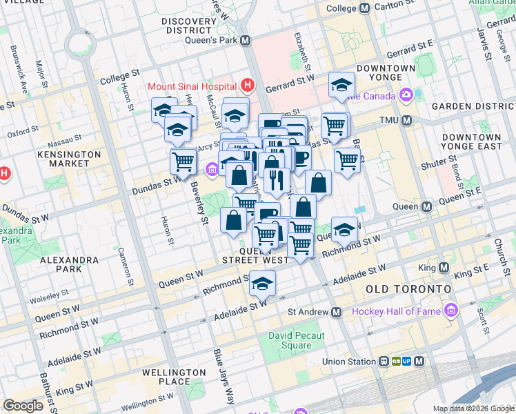 map of restaurants, bars, coffee shops, grocery stores, and more near 78 Saint Patrick Street in Toronto