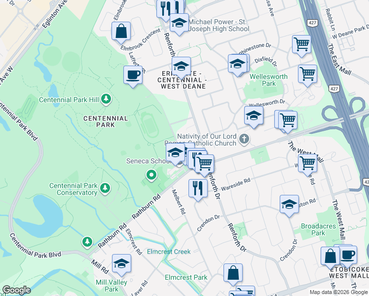 map of restaurants, bars, coffee shops, grocery stores, and more near 15 Centennial Park Road in Toronto