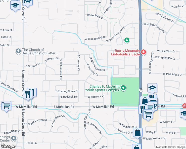 map of restaurants, bars, coffee shops, grocery stores, and more near 14454 West Comisky Drive in Boise