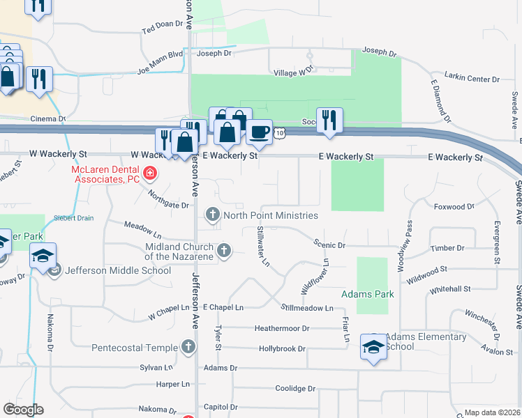 map of restaurants, bars, coffee shops, grocery stores, and more near 6009 Stillwater Lane in Midland