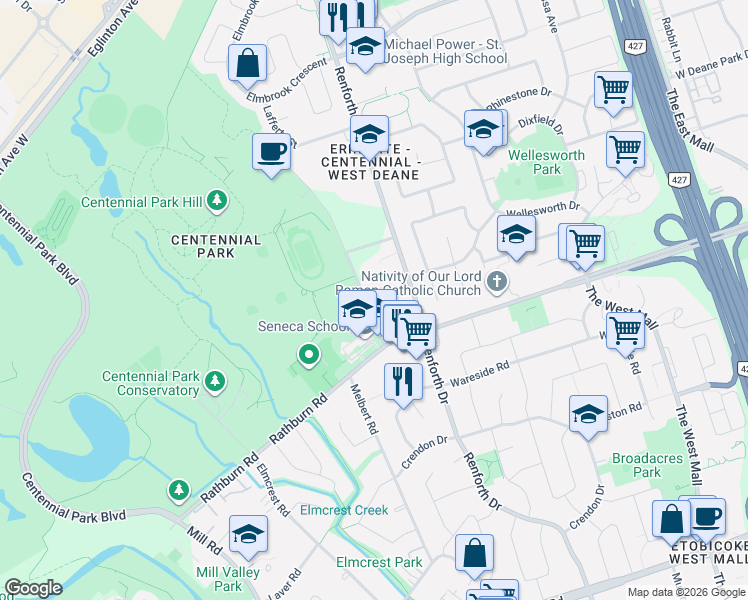 map of restaurants, bars, coffee shops, grocery stores, and more near 15 Centennial Park Road in Toronto